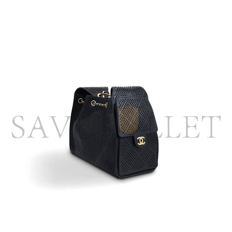 CHANEL MASTER SMALL 25 HOBO BAG BLACK PERFORATED CALFSKIN ANTIQUE GOLD HARDWARE (30*26*14cm) 